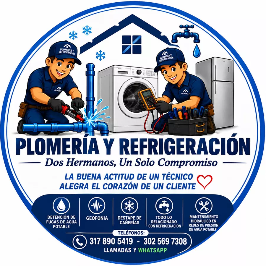 Logo de Plomería y Refrigeración: dos técnicos, servicios y teléfonos