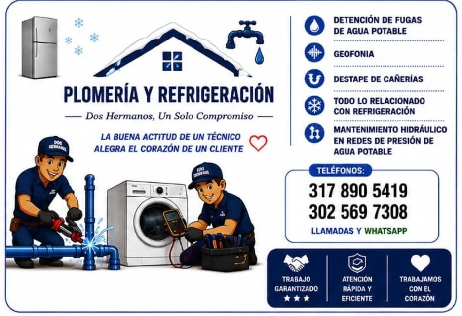 Tarjeta de Plomería y Refrigeración: dos hermanos técnicos, servicios y teléfonos 317 890 5419 y 302 569 7308